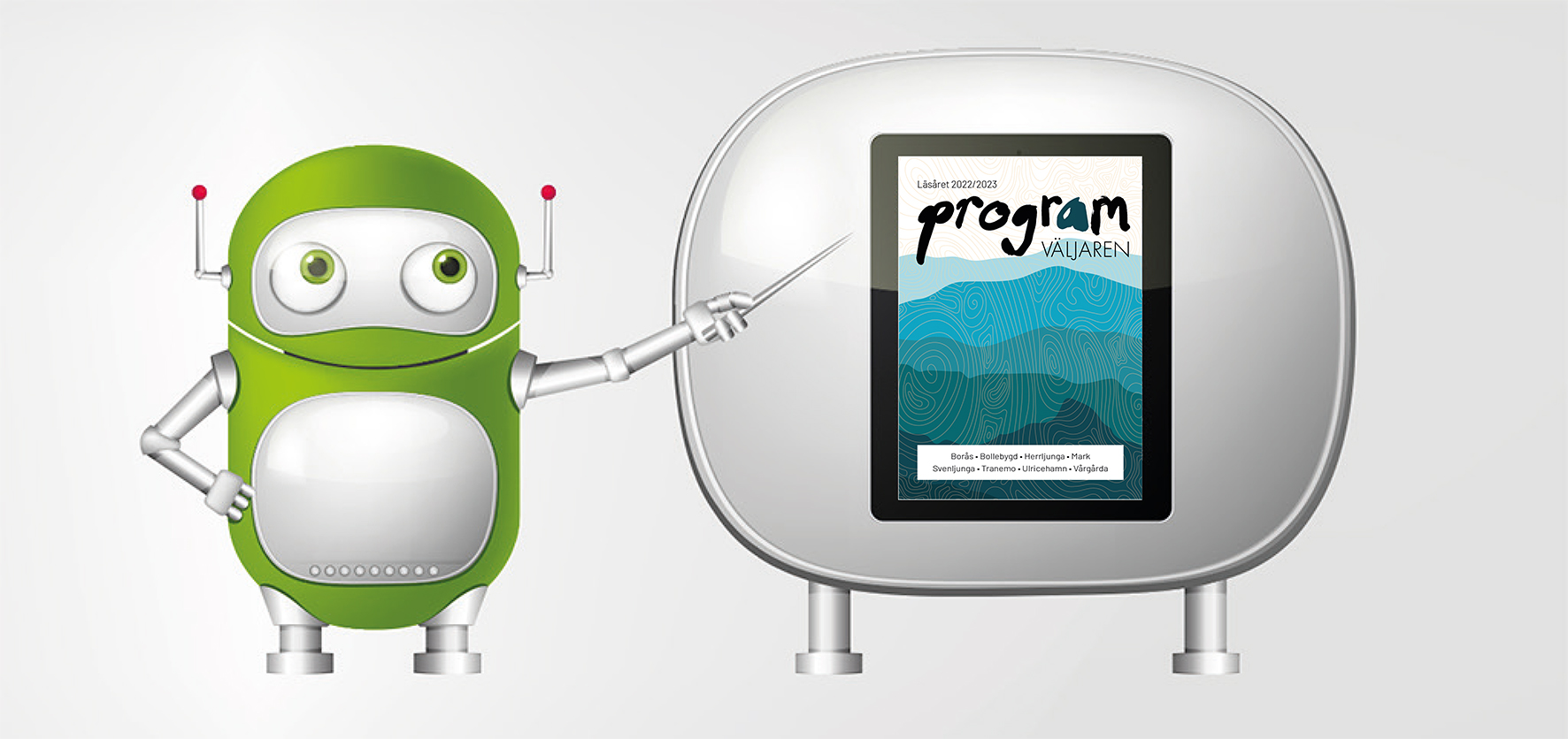 Robot som pekar på broschyren Programväljaren