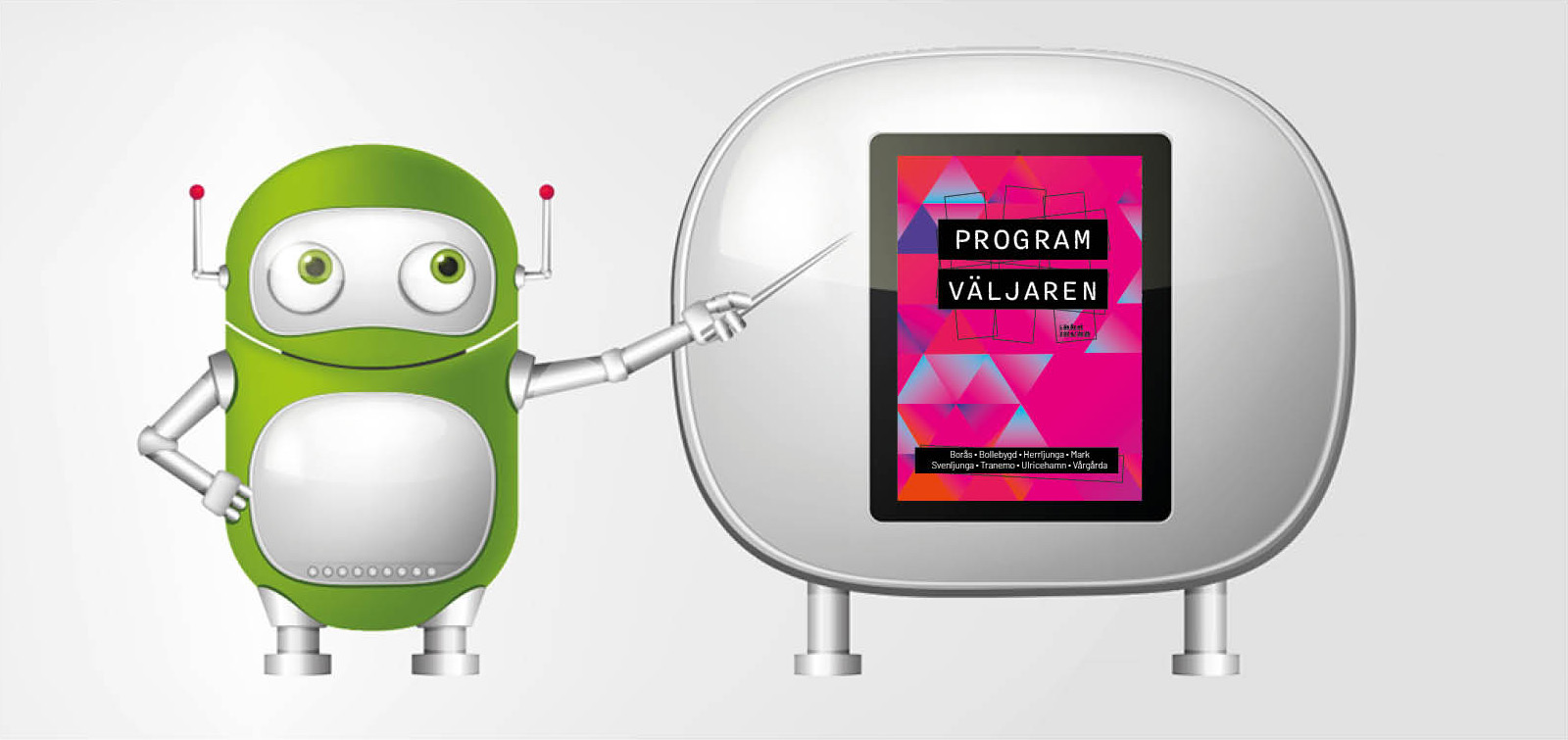 Robot som pekar på broschyren Programväljaren